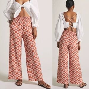 Maeve Anthropologie Saria Smocked Wide Leg Pants Pull On Boho Shell Print Small